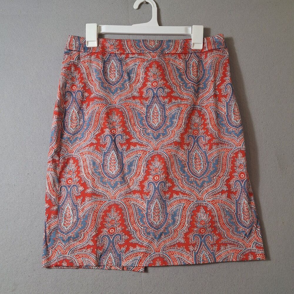 J. Crew The Pencil Skirt 8 Red Blue Paisley Damask Stretch Cotton Chino